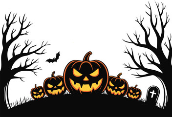 Spooky orange Halloween night illustration background with cartoon pumpkins and black flying bats silhouette on a dark autumn tree frame