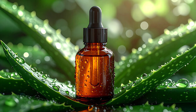Amber bottle with dropper on aloe vera leaves covered in water droplets, illuminated by sunlight.