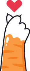 Adorable vector illustration of an orange cat paw raised with a red heart symbol above it, representing love, affection, and friendship. Simple, minimal, and cute design perfect for stickers, t-shirts