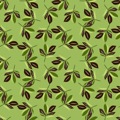 Leafy green seamless pattern with dark brown accents for textile design