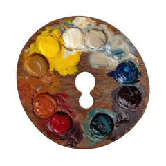 Artist's paint palette with vibrant colors and wooden texture