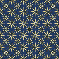 A repeating geometric pattern design featuring golden star-like shapes radiating on a deep navy background, creating a luxurious, energetic look. Vector