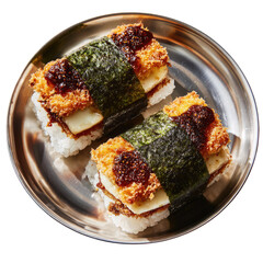 Panko-fried rice sandwiches with seaweed, cheese, and chili crisp