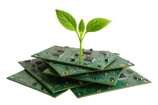 Green Plant Growing from Circuit Boards — Symbol of Green Technology and Sustainable Innovation