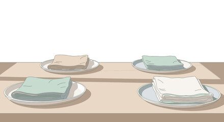 Four plates with folded cloths of different colors on a table.