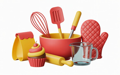 Kitchen utensils with whisk spatula cupcake measuring cup and oven mitt prepare cake
