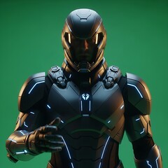 A futuristic armored figure with a helmet and glowing blue accents extends a hand against a green screen background.