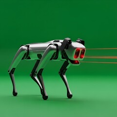 A sleek metallic robotic dog with glowing red eyes emitting orange laser beams against a vibrant green background.