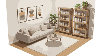A cozy and modern living room corner with a sofa, bookshelves, and plants, rendered in a warm, neutral color palette.