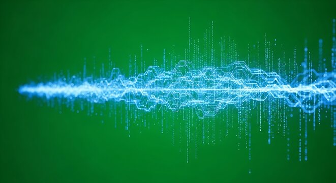 A vibrant blue abstract digital waveform with glowing particles on a solid green background.