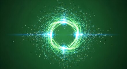 Abstract glowing green energy portal with swirling light particles on a dark background.
