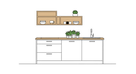 Minimalist modern kitchen interior illustration with white cabinets, wooden countertops, and wall shelves.