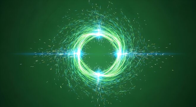 Abstract glowing green energy portal with swirling light particles on a dark background.
