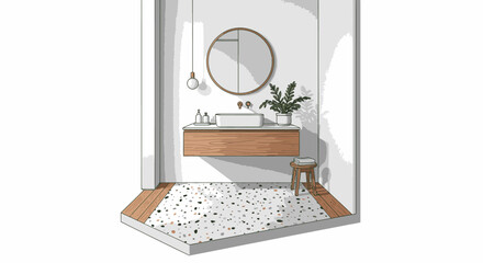 Modern bathroom design featuring a floating wooden vanity, round mirror, and patterned floor tiles.