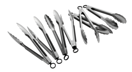 Collection of stainless steel kitchen tongs transparent background cutout png