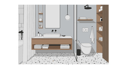Bathroom interior with sink, toilet, shower and shelves.