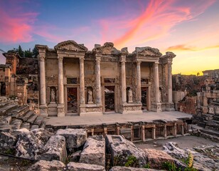 Ancient theater ruins with pillars and steps at colorful sunset
