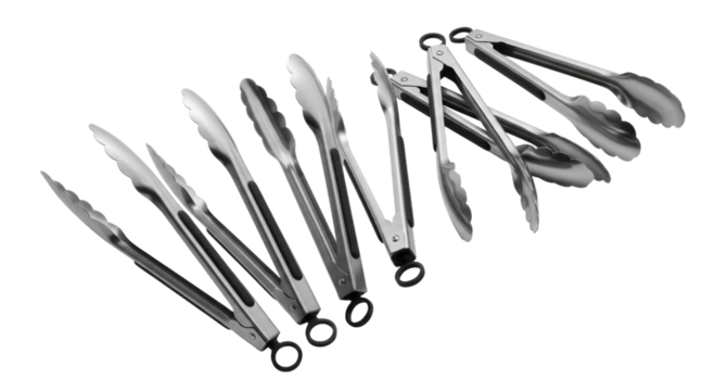Collection of stainless steel kitchen tongs transparent background cutout png