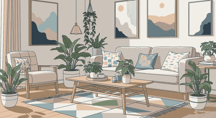 A cozy and modern living room interior filled with houseplants and abstract art.