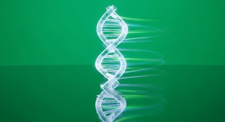 A glowing, ethereal DNA double helix structure against a vibrant green background, symbolizing genetics and scientific research.