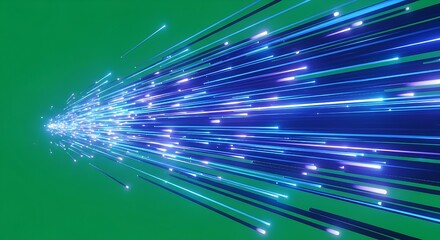 Abstract blue and purple light streaks bursting forward on a green screen background.