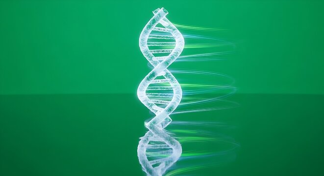 A glowing, ethereal DNA double helix structure against a vibrant green background, symbolizing genetics and scientific research.