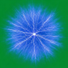 A vibrant blue electrical discharge radiating outwards from a central point against a solid green background.