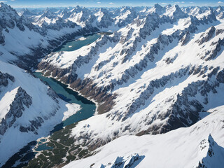High-Altitude Drone View of Snowy Mountain Range and Alpine Lakes