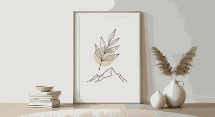 Minimalist art print featuring a line drawing of leaves, mountains, and a beige circle, framed and displayed.