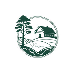 Charming rural landscape logo design with cozy cabin and tree, perfect for branding farm or real estate businesses