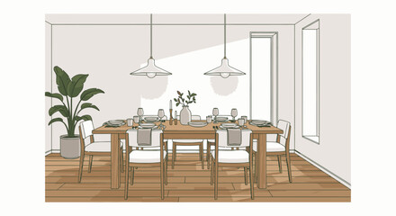 Dining room with a wooden table, chairs, plants, and pendant lights.