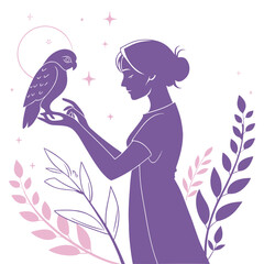 Enchanting woman connecting with her spirit animal owl in a mystical moonlit garden illustration for spiritual wellness