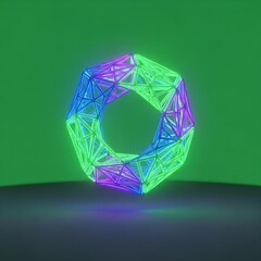 A luminous geometric wireframe torus glowing with vibrant neon blue, purple, and green light.