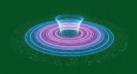 Abstract digital art of a glowing blue and pink vortex with concentric rings on a green background, depicting energy flow.