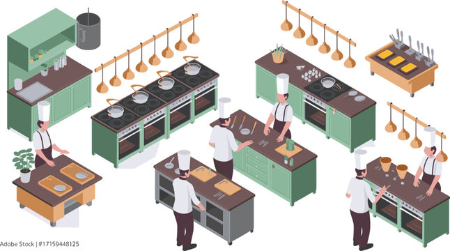 Isometric professional kitchen illustration with chefs cooking, preparing food, using stoves, ovens, utensils, and countertops in culinary training environment