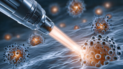 Advanced technology targeting harmful cells in a microscopic view, showcasing a futuristic laser application aimed at eradicating disease-causing pathogens and improving health outcomes.