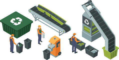 isometric recycling factory with conveyor belt and workers sorting waste, waste management process, eco friendly industrial recycling illustration design