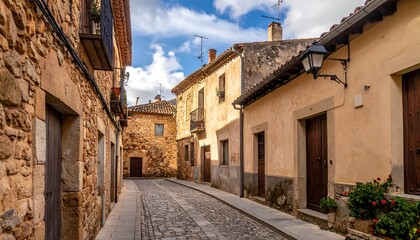 A cobblestone street in a European village lined with aged, stone buildings. The sky is partially clouded