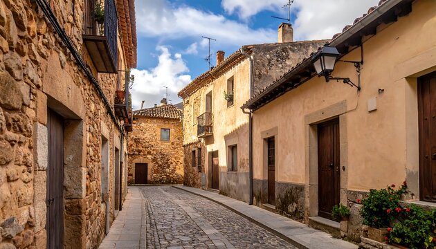 A cobblestone street in a European village lined with aged, stone buildings. The sky is partially clouded