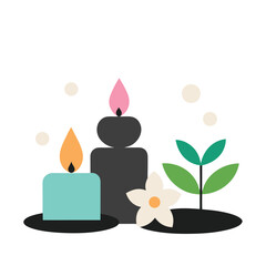 Spa still life with burning candles, stones, and a bright, yellow flame decoration for dark night romance