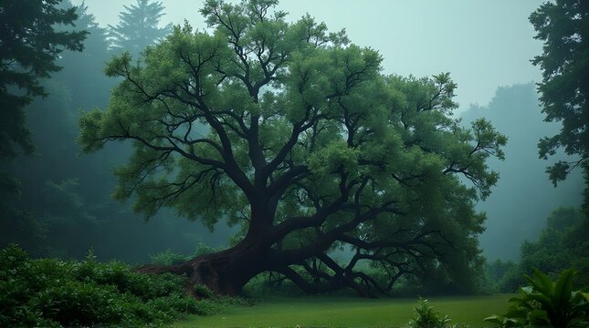 big shady trees, foggy atmosphere