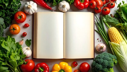 Open Cookbook Surrounded by Fresh Vegetables for Culinary Inspiration.