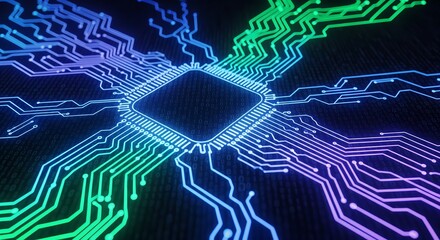 Vibrant digital circuit board glowing with binary data, representing innovation and technology