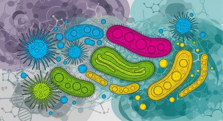 Vibrant microscopic world of colorful bacteria and viruses in abstract science background