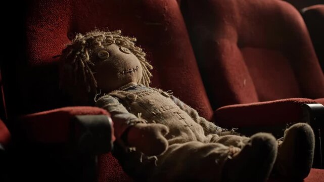 Rag doll seated in empty theater rows concept of loneliness and absence