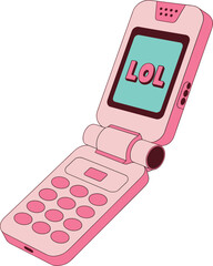 Retro pink flip phone illustration with LOL text on screen, minimalist vintage mobile device artwork, pastel aesthetic digital drawing