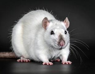 A close-up studio shot of a white rat with striking features
