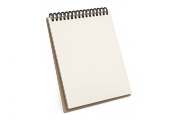 Blank spiral notebook, open white page facing up, simple design for writing, drawing or planning, transparent background