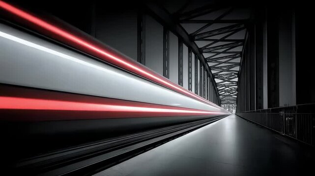 Train speeding across a bridge into the distance