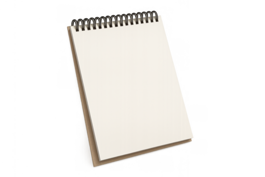 Blank spiral notebook, open white page facing up, simple design for writing, drawing or planning, transparent background